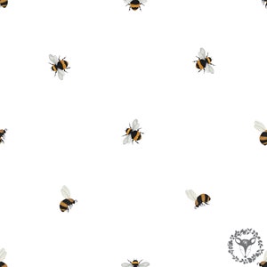 May include: A repeating pattern of bumblebees on a white background. The bees are black and yellow with translucent wings. The design is suitable for fabric, wallpaper, or other decorative applications.