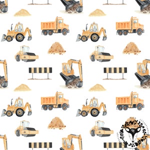 May include: A seamless pattern featuring watercolor illustrations of yellow construction vehicles on a white background. The pattern includes dump trucks, excavators, bulldozers, and road rollers. There are also piles of sand and construction barriers.