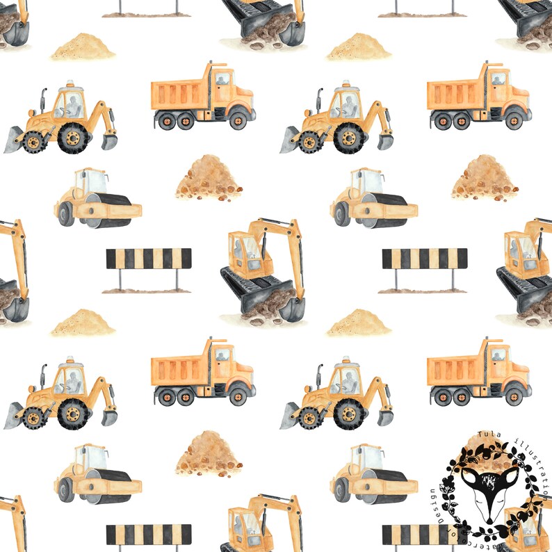 May include: A seamless pattern featuring watercolor illustrations of yellow construction vehicles on a white background. The pattern includes dump trucks, excavators, bulldozers, and road rollers. There are also piles of sand and construction barriers.