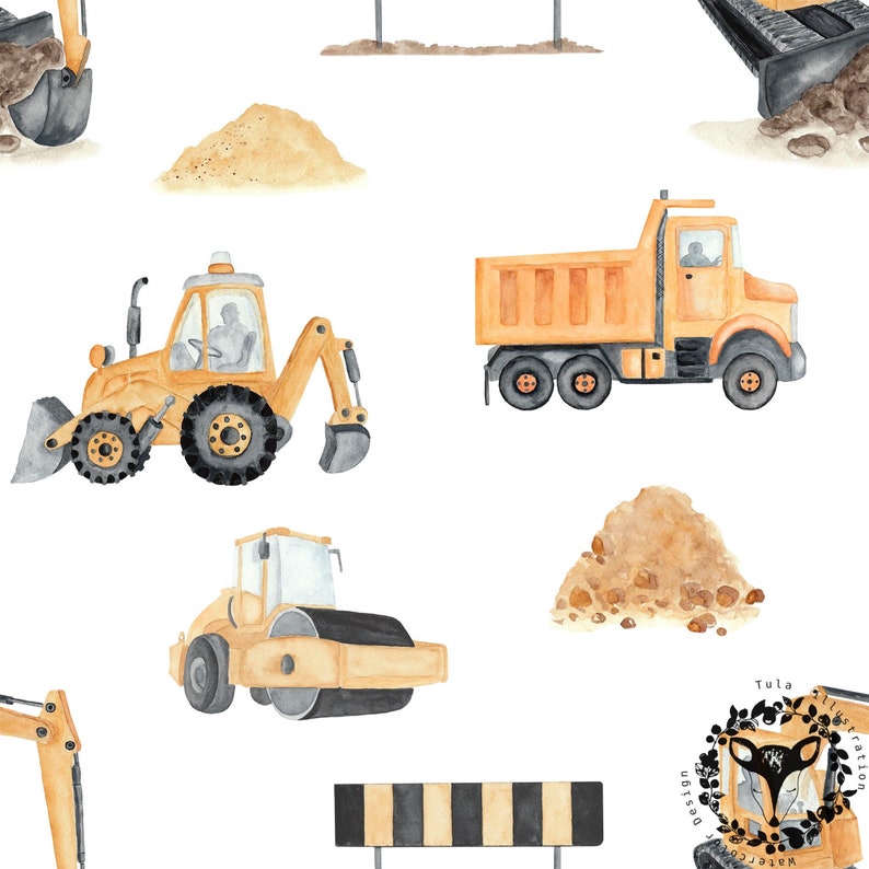 May include: A seamless pattern featuring watercolor illustrations of construction vehicles, including a yellow excavator, a yellow dump truck, a yellow steamroller, and a yellow bulldozer. The pattern also includes piles of sand and a black and white striped construction barrier.