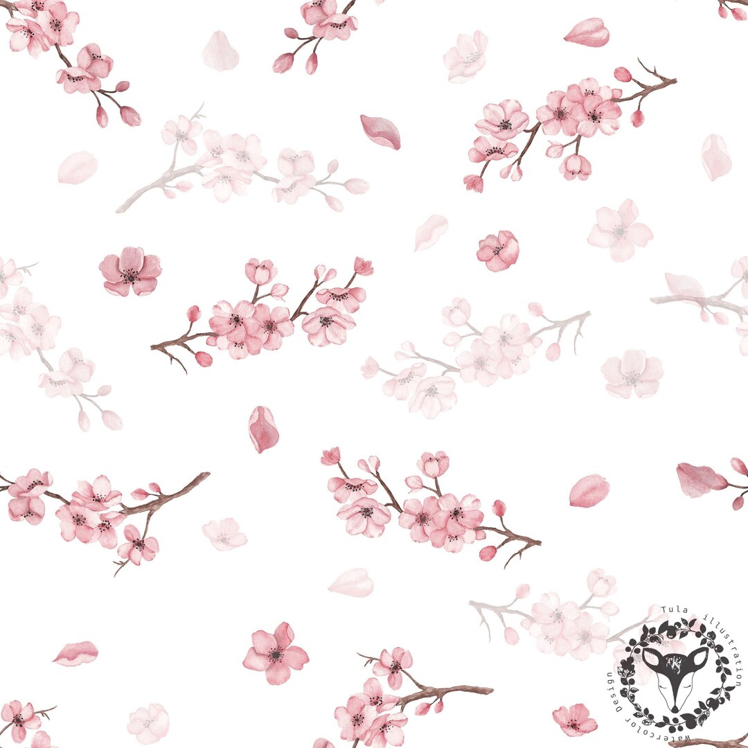 Pink Cherry Blossom Watercolor Pattern, Floral Fabric Design (digital ...
