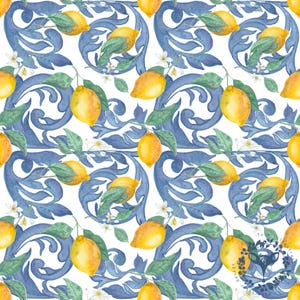 May include: A seamless pattern featuring watercolor illustrations of lemons, blue and green leaves, and white flowers on a white background. The lemons are arranged in a repeating pattern, with the leaves and flowers filling in the spaces between them. The pattern is reminiscent of traditional Italian majolica tile designs.
