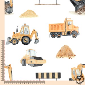 May include: A seamless pattern featuring yellow construction vehicles on a white background. The pattern includes a dump truck, a bulldozer, a steamroller, and an excavator. There are also piles of dirt and a construction barrier.