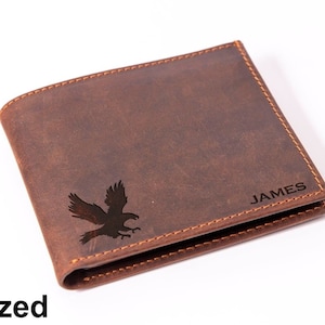 Cartera de cuero con águila personalizada, billetera personalizada con nombre para hombres, regalo de caza para hombres, regalos para esposos, regalos para padres, regalo para abuelos