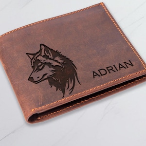 Cartera de lobo personalizada, regalo de Navidad único, cartera de Navidad grabada, cartera de lobo de Navidad, cartera para papá, regalo para padre, regalo para acampar