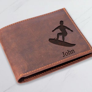Cartera de surfista personalizada, cartera deportiva, cartera de surf, cartera de hombre grabada, cartera de Navidad, regalo de cumpleaños para hombre, cartera personalizada