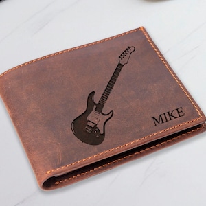 Cartera de guitarrista personalizada, cartera con nombre personalizado para hombre, cartera de guitarra, regalo para hombre, cartera de músico, cartera de cuero, regalos para novio