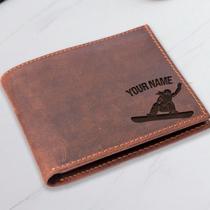 Cartera de snowboard personalizada, cartera de esquiador, regalo de deportes de invierno para hombres, cartera de hombre personalizada, cartera con nombre grabado, cartera para novio