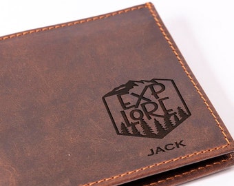 Explore Leather Wallet, Wallet gift for Dad, Personalized Name Wallet, Explorer Wallet, Fathers Day Gift, Husband wallet, engraved wallet