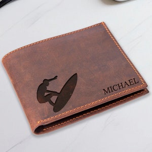 Cartera de surfista personalizada, cartera deportiva personalizada, cartera de surf, cartera de hombre grabada, cartera de Navidad, regalo de cumpleaños para hombre, cartera de regalo