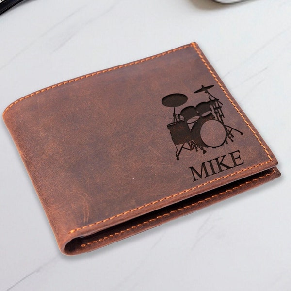 Personalized Musician Leather Wallet, Custom name wallet for Men, Drummer Wallet, Gift for Men, Husband Gifts, Unique Gifts for Boyfriend