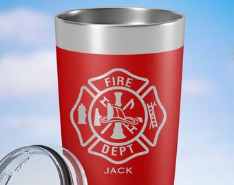 May include: A red stainless steel tumbler with a silver rim and a clear plastic lid. The tumbler features a white engraved fire department emblem with a helmet, ladder, and hydrant, along with the text FIRE DEPT and the name JACK below it.