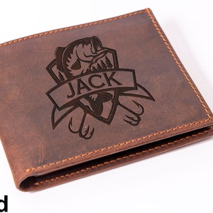 Cartera de cuero para pesca, Cartera de regalo para padre, Cartera con nombre personalizado, Cartera de pescador, Regalo del día del padre, Cartera para marido, Cartera de caza