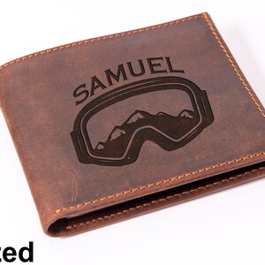 Cartera de cuero para esquiadores, Cartera de regalo para padre, Cartera con nombre personalizado, Cartera de esquiador, Cartera personalizada para hombre, Cartera para marido, Cartera para novio