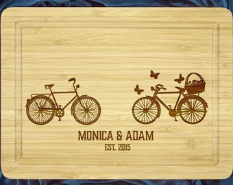 Custom Cutting Board w/ Vintage Bicycles, Bamboo Board for Wedding Gift, Engagement Present, Bike Lovers Ornament, Cycling Gift For Couples