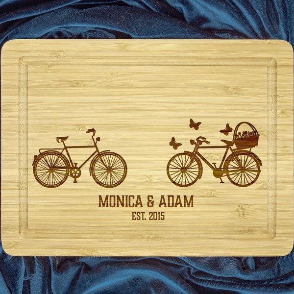 Custom Cutting Board w/ Vintage Bicycles, Bamboo Board for Wedding Gift, Engagement Present, Bike Lovers Ornament, Cycling Gift For Couples