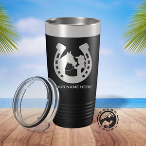 Personalized Horse Tumbler with Name, Horseshoe Tumbler Gift, Western Horse Tumbler Cup, Cowgirl Tumbler Gift, Horse and Rider Tumbler