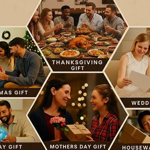 Puede incluir: Un collage de im&aacute;genes que representan ocasiones para regalar. Las escenas incluyen una familia intercambiando regalos de Navidad, una cena de Acci&oacute;n de Gracias, una pareja leyendo una tarjeta, una celebraci&oacute;n de cumplea&ntilde;os, un intercambio de regalos del D&iacute;a de la Madre y un regalo de inauguraci&oacute;n de la casa. Las etiquetas de texto identifican cada ocasi&oacute;n.