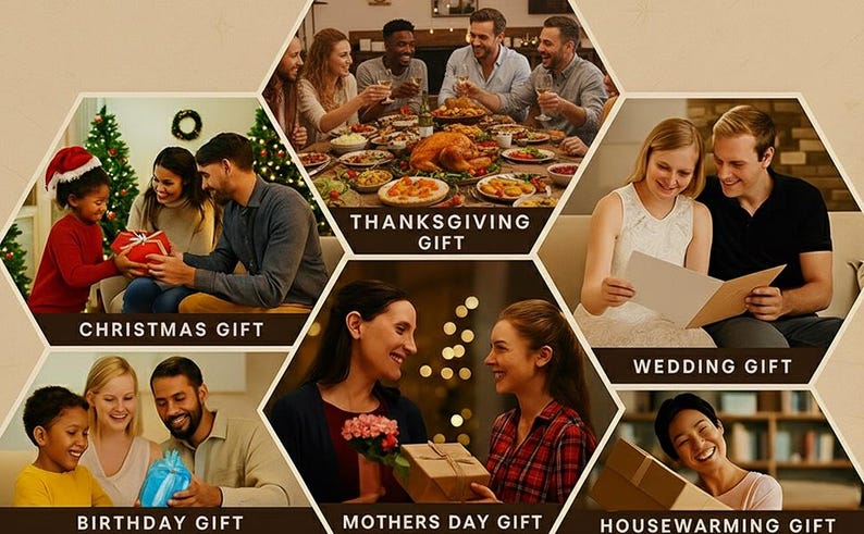 Puede incluir: Un collage de im&aacute;genes que representan ocasiones para regalar. Las escenas incluyen una familia intercambiando regalos de Navidad, una cena de Acci&oacute;n de Gracias, una pareja leyendo una tarjeta, una celebraci&oacute;n de cumplea&ntilde;os, un intercambio de regalos del D&iacute;a de la Madre y un regalo de inauguraci&oacute;n de la casa. Las etiquetas de texto identifican cada ocasi&oacute;n.