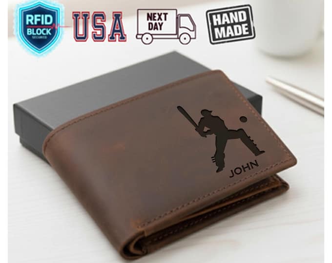 Personalized Baseball Wallet, Custom Sports Wallet, Engraved Leather Men Wallet, Baseball Player Gift, Xmas Wallet, Baseball Lover Wallet