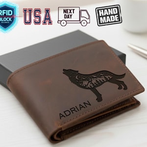 Howling Wolf Wallet, Personalized Gift For Christmas, Xmas Gift, Gift For Wolf Lover, Dad Wallet, Gift for Daddy, Camping Wallet, Daddy Gift