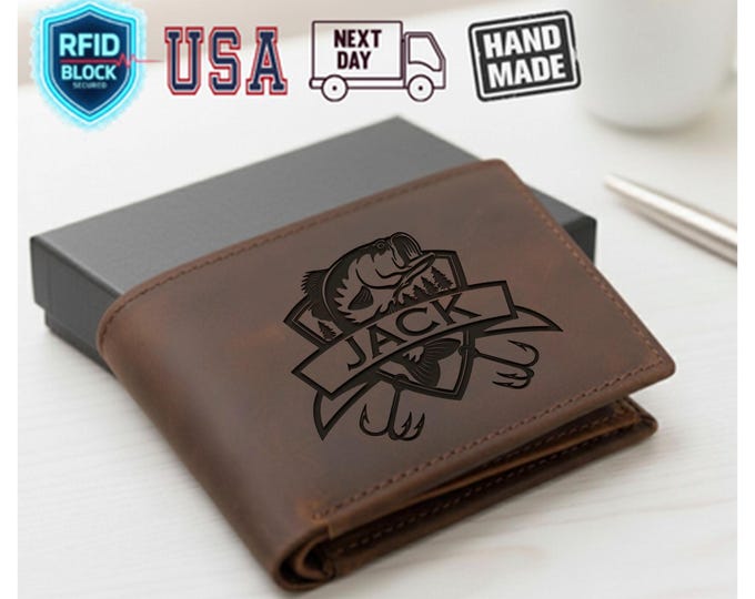 Fishing Leather Wallet, Wallet gift for Father, Personalized Name Wallet, Fisherman Wallet, Fathers Day Gift, Husband wallet, Hunting Wallet
