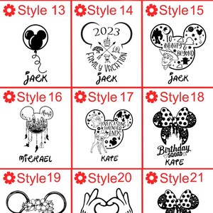 May include: Nine different designs for a Mickey Mouse-shaped silhouette with various images and text inside. The designs include a balloon, a family vacation logo, a Toy Story theme, a dream catcher, a Bambi theme, a birthday bow, a floral design, a heart-shaped hand gesture, and a birthday bow with fireworks.