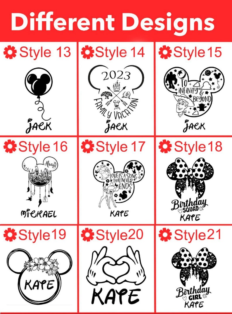 May include: Nine different designs for a Mickey Mouse-shaped silhouette with various images and text inside. The designs include a balloon, a family vacation logo, a Toy Story theme, a dream catcher, a Bambi theme, a birthday bow, a floral design, a heart-shaped hand gesture, and a birthday bow with fireworks.