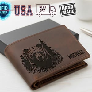 Engraved Bear Wallet, Crazy Horse Leather Wallet, Personalized Gift for Men, Unique Gift for Dad, Grandfather Gift, Gift For Boyfriend