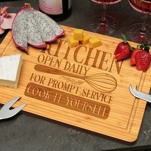 Kitchen Open Daily For Prompe Servıce Cook It Yourself Engraved Cutting Board, Funny Bamboo Charcuterie Board, Unique Housewarming Gift