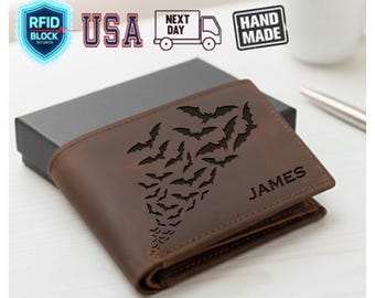 Bats Leather Wallet, Wallet gift for Father, Halloween Men Wallet, Custom Men Wallet, Husband wallet, Boyfriend Wallet, Gift For Halloween