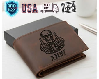 Skull Wallet, Halloween Men Wallet, Engraved Leather Men Wallet, Unique Husband Wallet, Boyfriend Wallet, Personalized Gift For Halloween