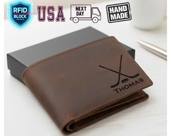 Personalized Ice Hockey Wallet, Ice Hockey Gift, Hockey Player Wallet, Winter Sport Gift, Engraved Leather Men Wallet, Birthday Gift for Men