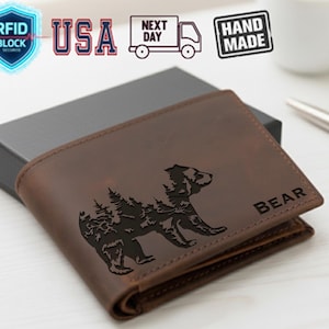 Custom Grizzly Bear Leather Wallet, Custom wallet name for Men, Hunting Gift for Men, Husband Gifts, Gifts for Father, gift for Grandpa