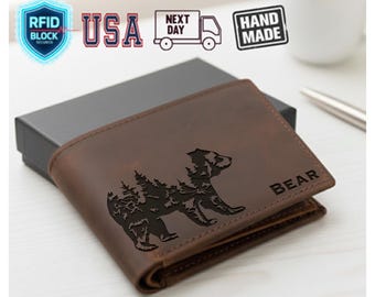 Custom Grizzly Bear Leather Wallet, Custom wallet name for Men, Hunting Gift for Men, Husband Gifts, Gifts for Father, gift for Grandpa