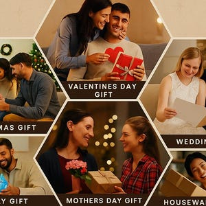 Puede incluir: Un collage de im&aacute;genes que representan escenas de entrega de regalos para diversas ocasiones. Las im&aacute;genes incluyen escenas etiquetadas como "Regalo de Navidad", "Regalo de San Valent&iacute;n", "Regalo de boda", "Regalo de cumplea&ntilde;os", "Regalo del D&iacute;a de la Madre" y "Regalo de inauguraci&oacute;n de casa".