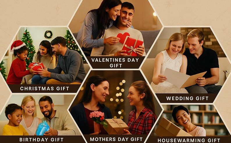 Puede incluir: Un collage de im&aacute;genes que representan escenas de entrega de regalos para diversas ocasiones. Las im&aacute;genes incluyen escenas etiquetadas como "Regalo de Navidad", "Regalo de San Valent&iacute;n", "Regalo de boda", "Regalo de cumplea&ntilde;os", "Regalo del D&iacute;a de la Madre" y "Regalo de inauguraci&oacute;n de casa".