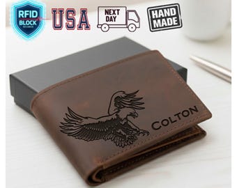 Custom Bald Eagle Leather Wallet, Custom name wallet, Hunting Gift for Men, Husband Gifts, Gifts for Father, gift for Grandpa, Wallet gift