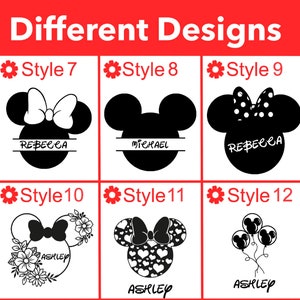 May include: A graphic design sheet with 12 different styles of Mickey Mouse and Minnie Mouse head silhouettes. The designs include floral accents, polka dots, hearts, and balloons. The names "Rebecca", "Michael", and "Ashley" are included in some of the designs.