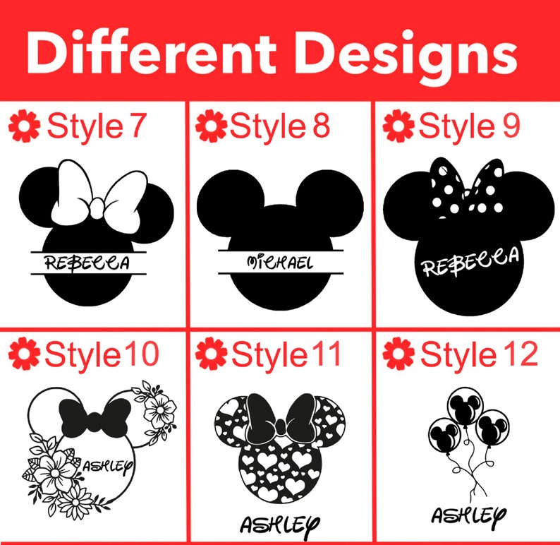 May include: A graphic design sheet with 12 different styles of Mickey Mouse and Minnie Mouse head silhouettes. The designs include floral accents, polka dots, hearts, and balloons. The names "Rebecca", "Michael", and "Ashley" are included in some of the designs.