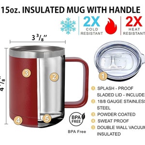 May include: A 15-ounce insulated stainless steel mug with a red powder-coated exterior and a handle. The mug has a double-wall vacuum insulated design and a splash-proof lid. The mug is BPA free and is 3 3/8 inches tall and 4 7/8 inches wide.