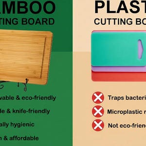 Puede incluir: Imagen comparativa de tablas de cortar de bamb&uacute; y pl&aacute;stico. La tabla de bamb&uacute; es de color marr&oacute;n claro, con un soporte marr&oacute;n oscuro. Las tablas de pl&aacute;stico son verdes, moradas y rojas. El texto destaca los beneficios del bamb&uacute; y los inconvenientes del pl&aacute;stico.