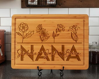 Personalized Engraved Bamboo Nana Cutting Board, Personalized Floral Kitchen Decor, Mother's Day Cheese Board, Home Decor For Grandmother