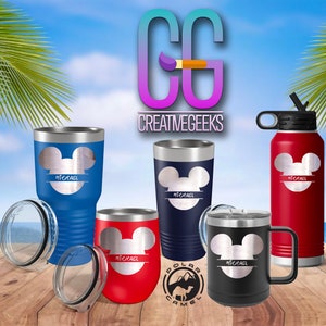 May include: Set of four personalized stainless steel tumblers and a water bottle featuring a Mickey Mouse silhouette with a name. The tumblers are in blue, red, and black, and the water bottle is red. The tumblers have lids and the water bottle has a carrying handle.
