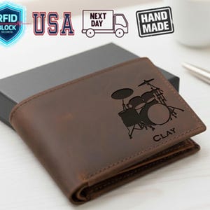 Personalized Musician Leather Wallet, Custom name wallet for Men, Drummer Wallet, Gift for Men, Husband Gifts, Unique Gifts for Boyfriend