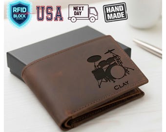 Personalized Musician Leather Wallet, Custom name wallet for Men, Drummer Wallet, Gift for Men, Husband Gifts, Unique Gifts for Boyfriend