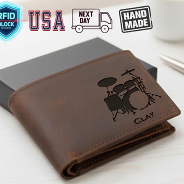 Personalized Musician Leather Wallet, Custom name wallet for Men, Drummer Wallet, Gift for Men, Husband Gifts, Unique Gifts for Boyfriend