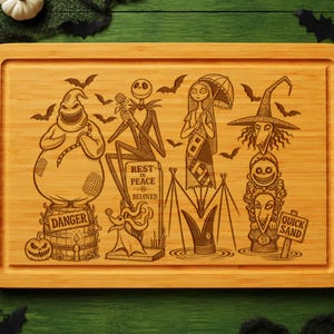 May include: A rectangular bamboo cutting board featuring a laser-engraved illustration of characters from The Nightmare Before Christmas, including Jack Skellington, Sally, Oogie Boogie, and Zero, with text reading REST IN PEACE BELOVED, DANGER, and QUICK SAND.
