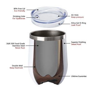 May include: A cutaway illustration of a stainless steel tumbler with a double wall to keep drinks hot or cold. The tumbler has a leak-proof lid with a drinking hole for sipping or using a straw. The tumbler is made of 18/8 304 food grade stainless steel and has a lifetime guarantee.