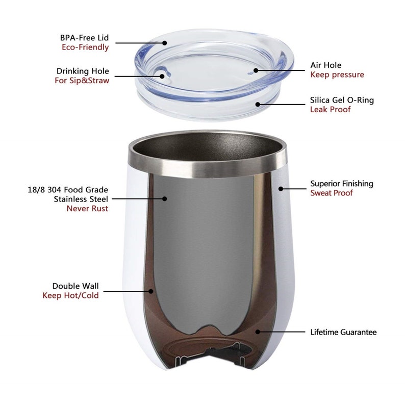 May include: A cutaway illustration of a stainless steel tumbler with a double wall to keep drinks hot or cold. The tumbler has a leak-proof lid with a drinking hole for sipping or using a straw. The tumbler is made of 18/8 304 food grade stainless steel and has a lifetime guarantee.